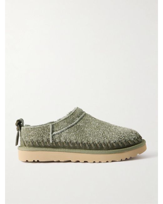 Ugg Green Micro Biarritz Braided Leather-Trimmed Brushed-Suede Slippers