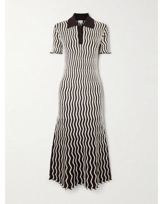 Bottega Veneta White Striped Ribbed Wool Midi Dress