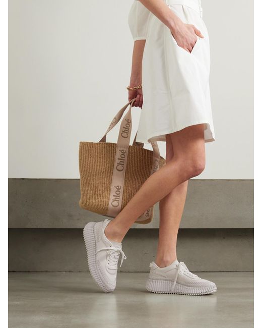 Chloé White Net Sustain Nama Embroidered Suede-Trimmed Leather Sneakers
