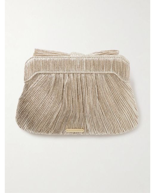 Loeffler Randall Natural Rayne Bow-Embellished Plissé-Lamé Clutch