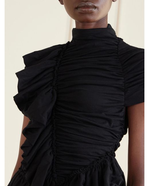 Dries Van Noten Black Ruffled Draped Cotton-Jersey Turtleneck Top