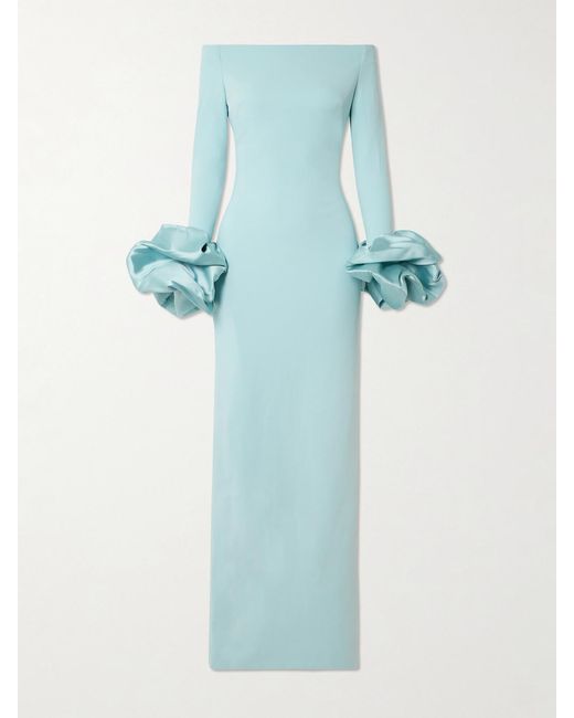 Solace London Blue Talia Off-The-Shoulder Faille-Trimmed Crepe Gown