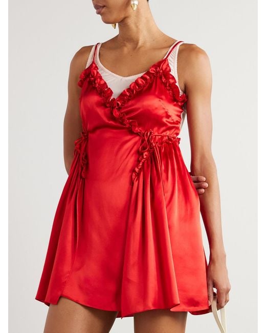 Simone Rocha Red Ruffled Pleated Jersey-Trimmed Silk-Satin Mini Dress