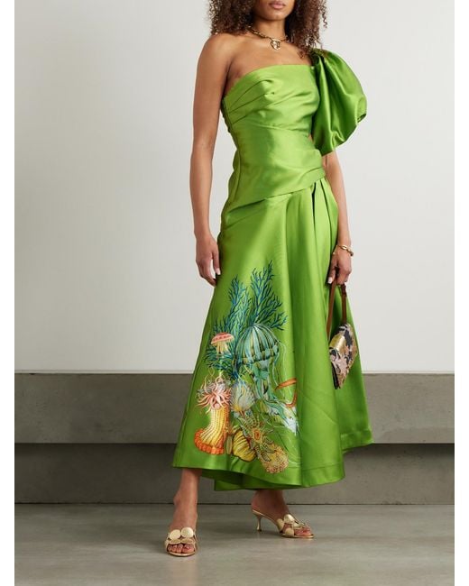 ALÉMAIS Green Sam Pauletto Aquatica One-Shoulder Gathered Printed Recycled Satin-Twill Dress