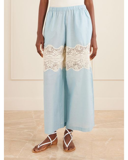 Alix Of Bohemia Blue Margie Sky Lace-Trimmed Cotton And Silk-Blend Wide Leg Pants