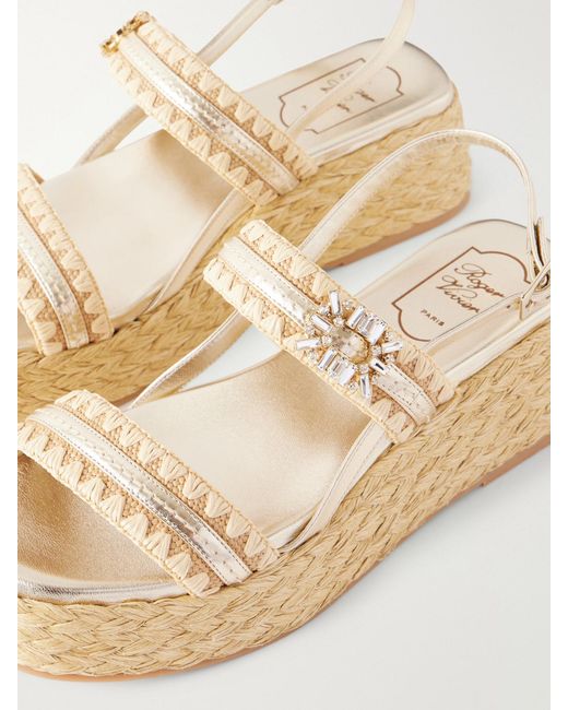 Roger Vivier Natural Summer Embellished Metallic Leather-Trimmed Woven Raffia Platform Sandals
