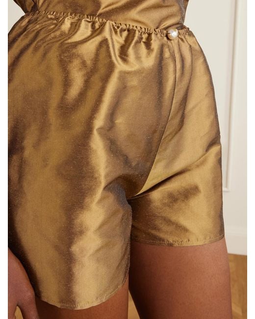 SARA CRISTINA Natural Playa Pearl-Embellished Silk-Shantung Shorts