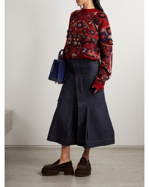 Sacai Red Pullover Aus Jacquard-Strick Aus Einer Wollmischung Mit Shell-Besatz Und Stickerei