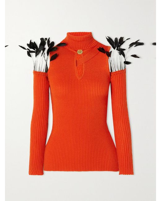 Thebe Magugu Red Convertible Feather-Trimmed Cutout Ribbed Wool Turtleneck Sweater
