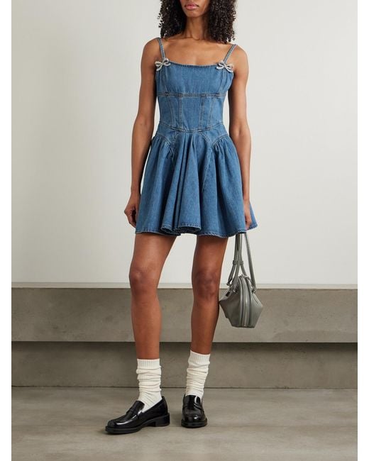 Self-Portrait Blue Embellished Paneled Denim Mini Dress