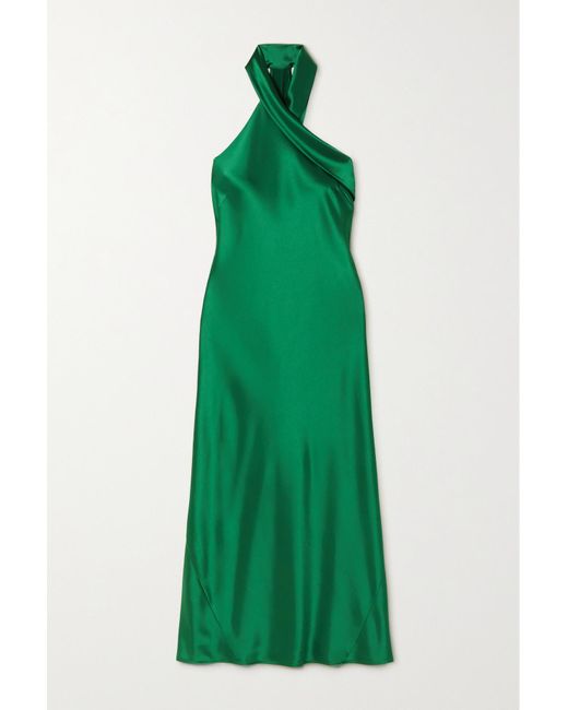 Galvan London Pandora Halterneck Satin Maxi Dress in Green Lyst