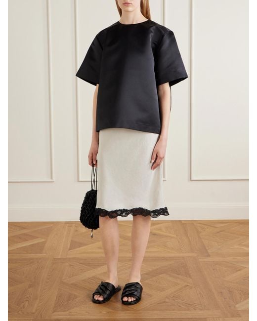 Maria McManus White Lace-Trimmed Satin Midi Skirt