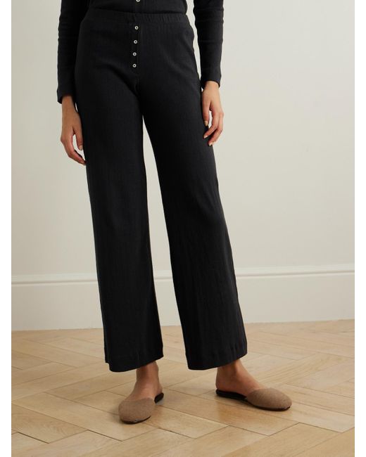 Leset Black Boxer Pointelle-Knit Cotton Wide-Leg Pants