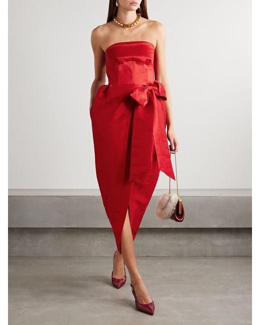 Kika Vargas Red Ava Strapless Bow-Detailed Taffeta Midi Dress
