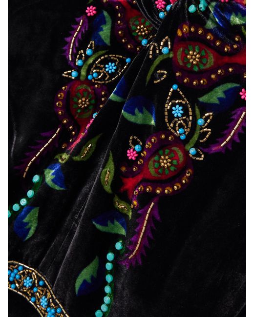 Saloni Black Claudia Twisted Embellished Printed Velvet Midi Dress