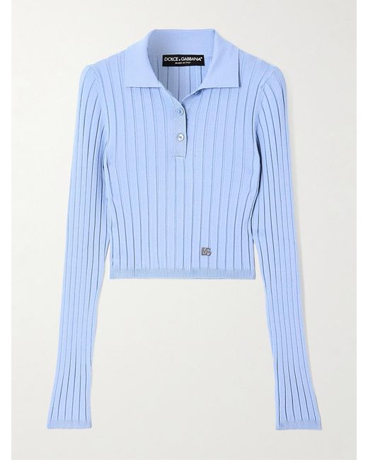 Dolce & Gabbana Blue Embellished Ribbed-Knit Polo Shirt