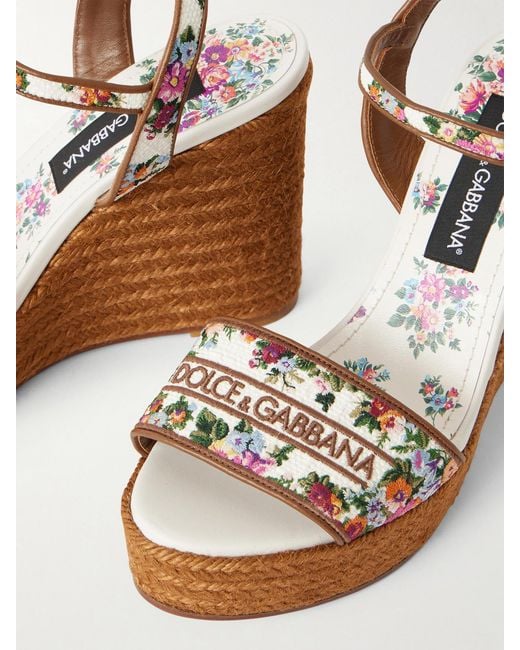 Dolce & Gabbana Brown Leather-Trimmed Embroidered Canvas Platform Wedge Sandals