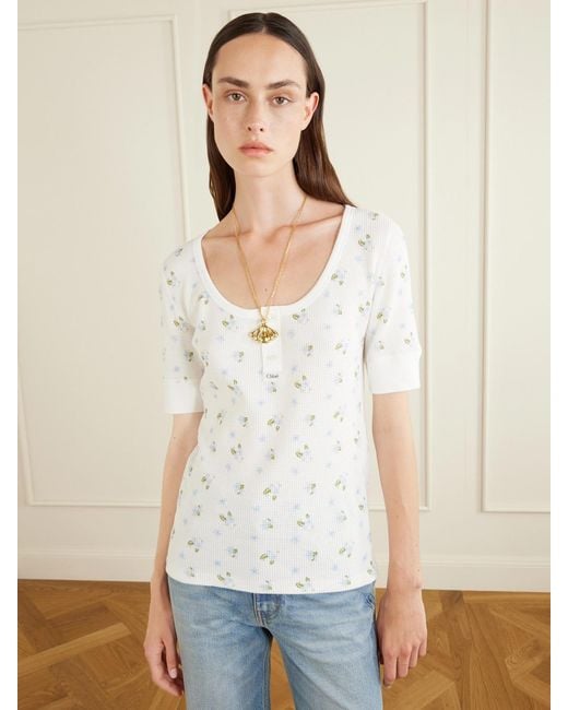 Chloé White Floral-Print Waffle-Knit Cotton-Jersey T-Shirt