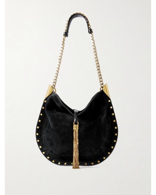 Isabel Marant Black Oskan Leather-Trimmed Tasseled Studded Suede Shoulder Bag