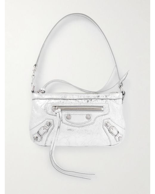 Balenciaga White Le City Mini Metallic Crinkled-Leather Shoulder Bag
