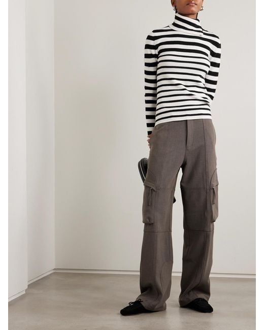 Lisa Yang White Sabrine Button-Detailed Striped Ribbed Cotton And Cashmere-Blend Turtleneck Sweater