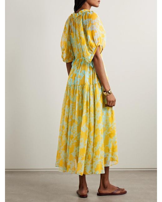 La Ligne Yellow Constance Floral-Print Silk-Chiffon Midi Dress