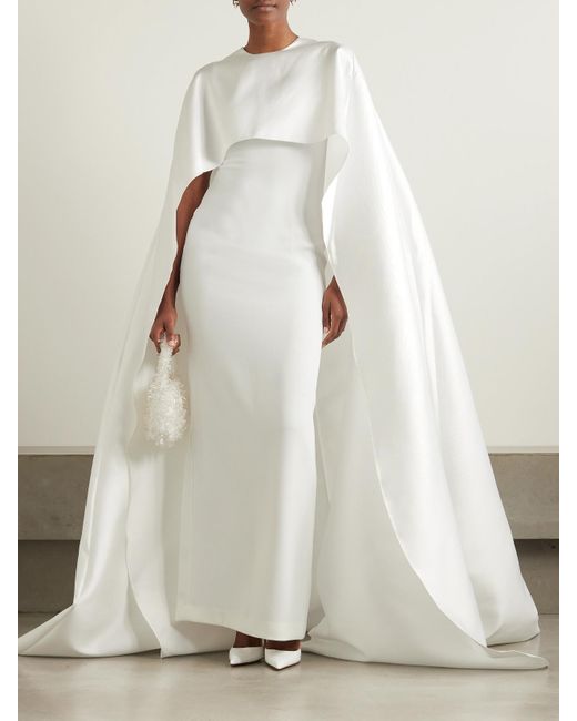 Solace London White Leni Cape-Effect Crepe And Faille Gown