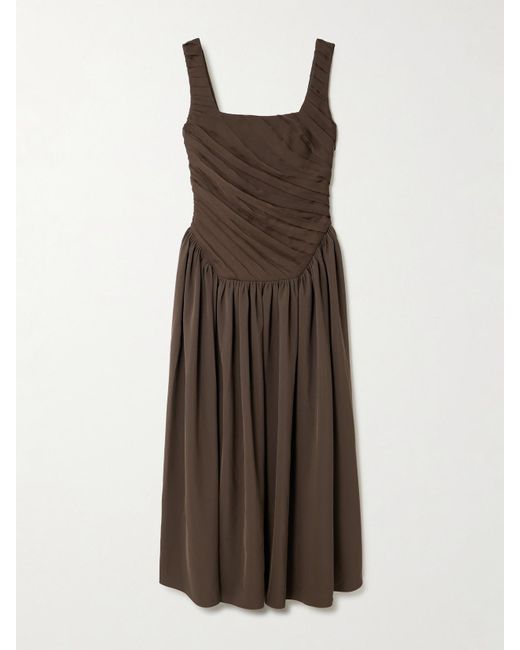 Abadia Brown Kaia Midikleid Aus Twill Und Chiffon Mit Raffungen