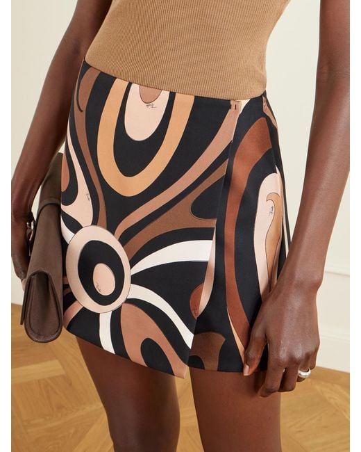 Emilio Pucci Black Wrap-Effect Printed Silk-Twill Mini Skirt
