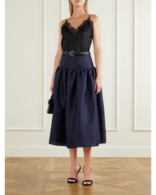 Self-Portrait Blue Gathered Taffeta Midi Skirt