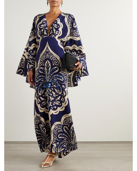 Johanna Ortiz Blue Cape-Effect Embellished Printed Silk-Crepe Maxi Dress
