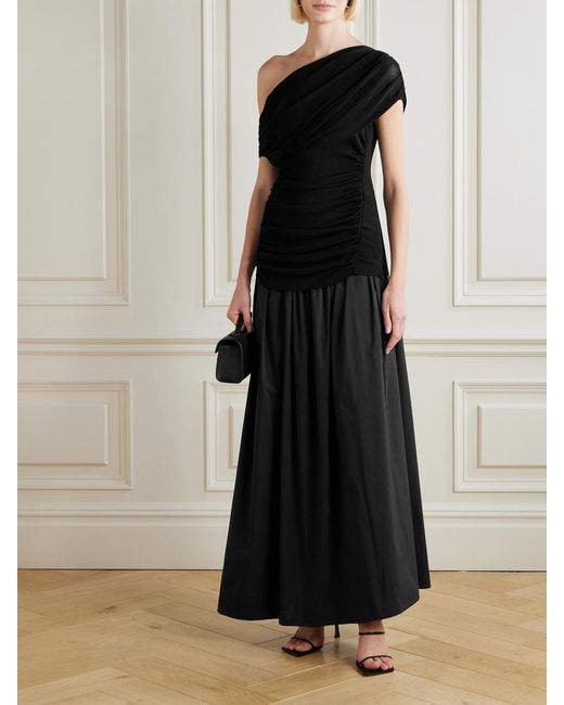 Self-Portrait Black Off-The-Shoulder Draped Knitted And Cotton Midi Dress