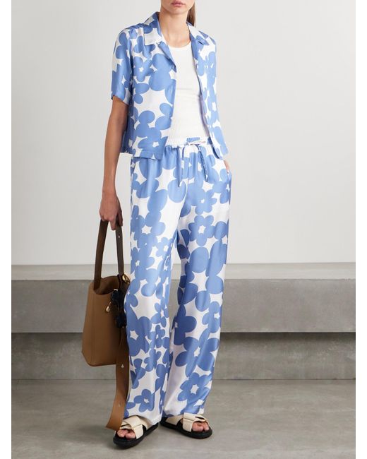 Marni Blue Floral-Print Silk-Satin Twill Straight-Leg Pants