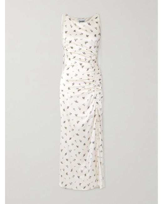 Ganni White Midikleid Aus Satin Mit Blumenprint Und Raffung Zum Binden