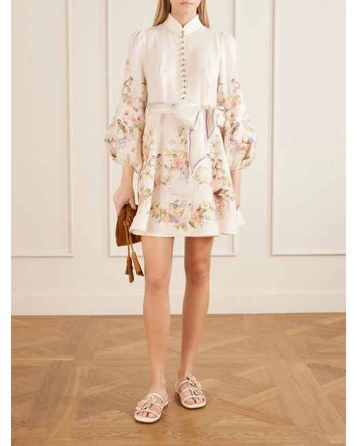 Zimmermann Natural Valiant Floral-Print Belted Linen Mini Dress