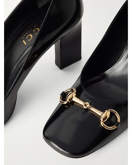 Gucci Black Signora Horsebit-Embellished Glossed Leather Pumps
