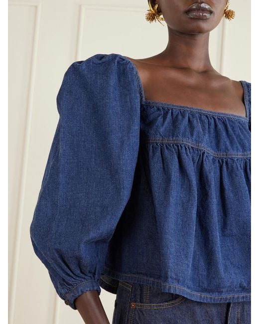 Saint Laurent Blue Gathered Denim Blouse
