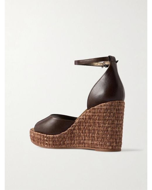 Brunello Cucinelli Brown Embellished Leather Platform Wedge Espadrille Sandals
