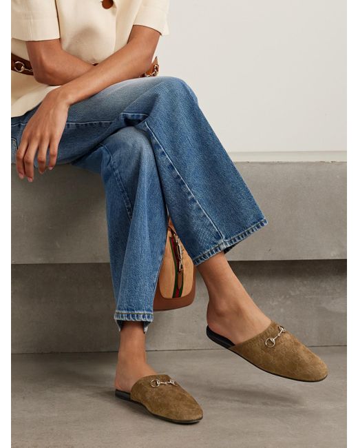 Gucci Brown Horsebit-Detailed Debossed Suede Slippers