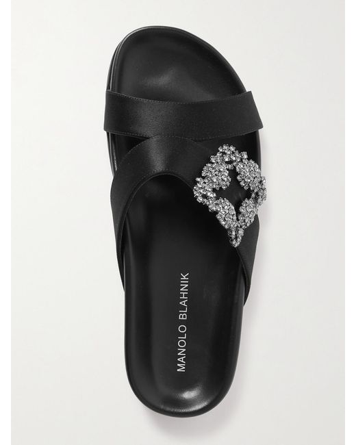 Manolo Blahnik Black Chilanghi Buckled Satin Slides