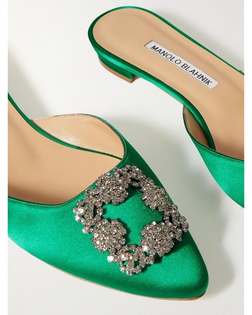 Manolo Blahnik Green Hangisi Crystal-Embellished Satin Slippers
