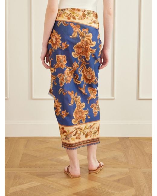 Zimmermann Blue Frayed Printed Cotton Pareo