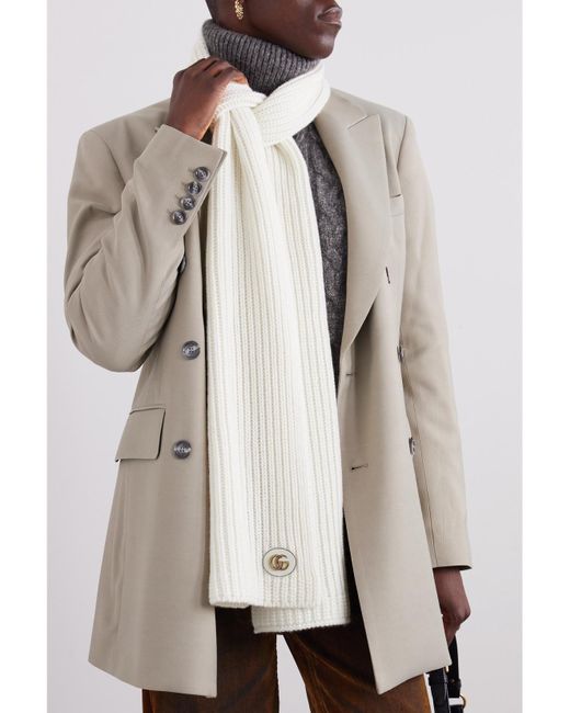 Gucci White Embellished Leather-Trimmed Ribbed Wool And Cashmere-Blend Scarf