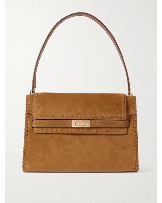 Tory Burch Natural Lee Radziwill Large Leather-Trimmed Whipstitched Suede Shoulder Bag