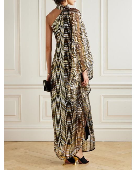 ‎Taller Marmo Metallic The Glaum One-Shoulder Scarf-Detailed Sequin-Embellished Mesh Gown