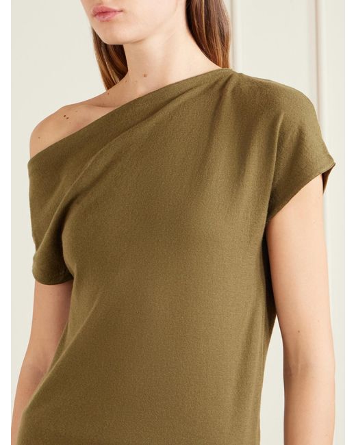 The Elder Statesman Green Superlight Tori One-Shoulder Cashmere Top