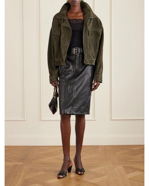 Saint Laurent Black Belted Textured-Leather Skirt