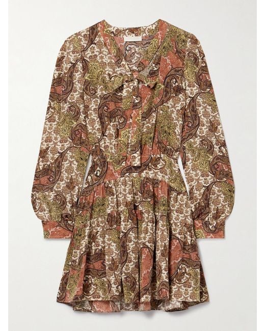 Ulla Johnson Natural Maris Pleated Paisley-Print Silk Crepe De Chine Mini Dress