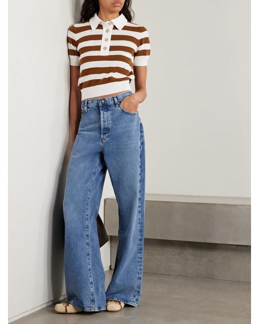 FRAME Brown Striped Cashmere And Cotton-Blend Polo Shirt