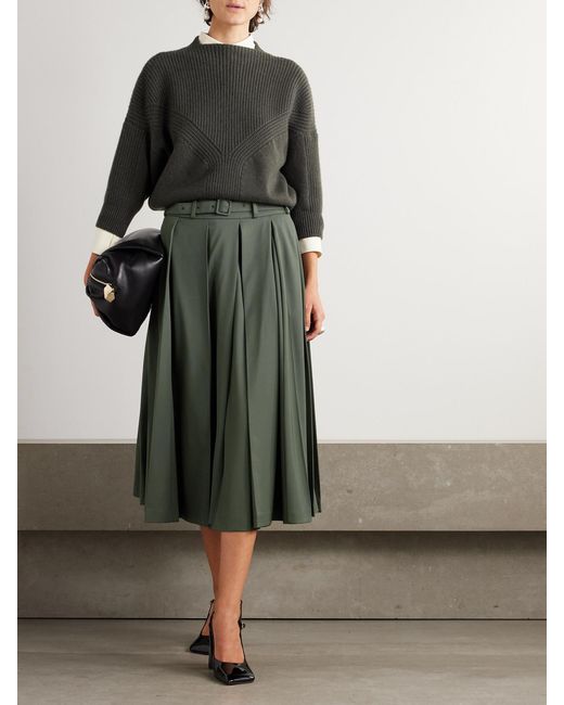 Patou Green Belted Pleated Stretch-Wool Twill Midi Skirt